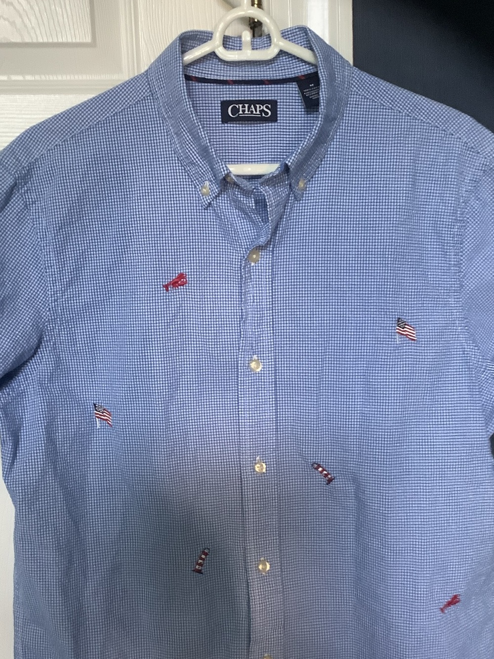 Chaps Blue Micro-Check Button-Down Shirt with Embroidered Flags